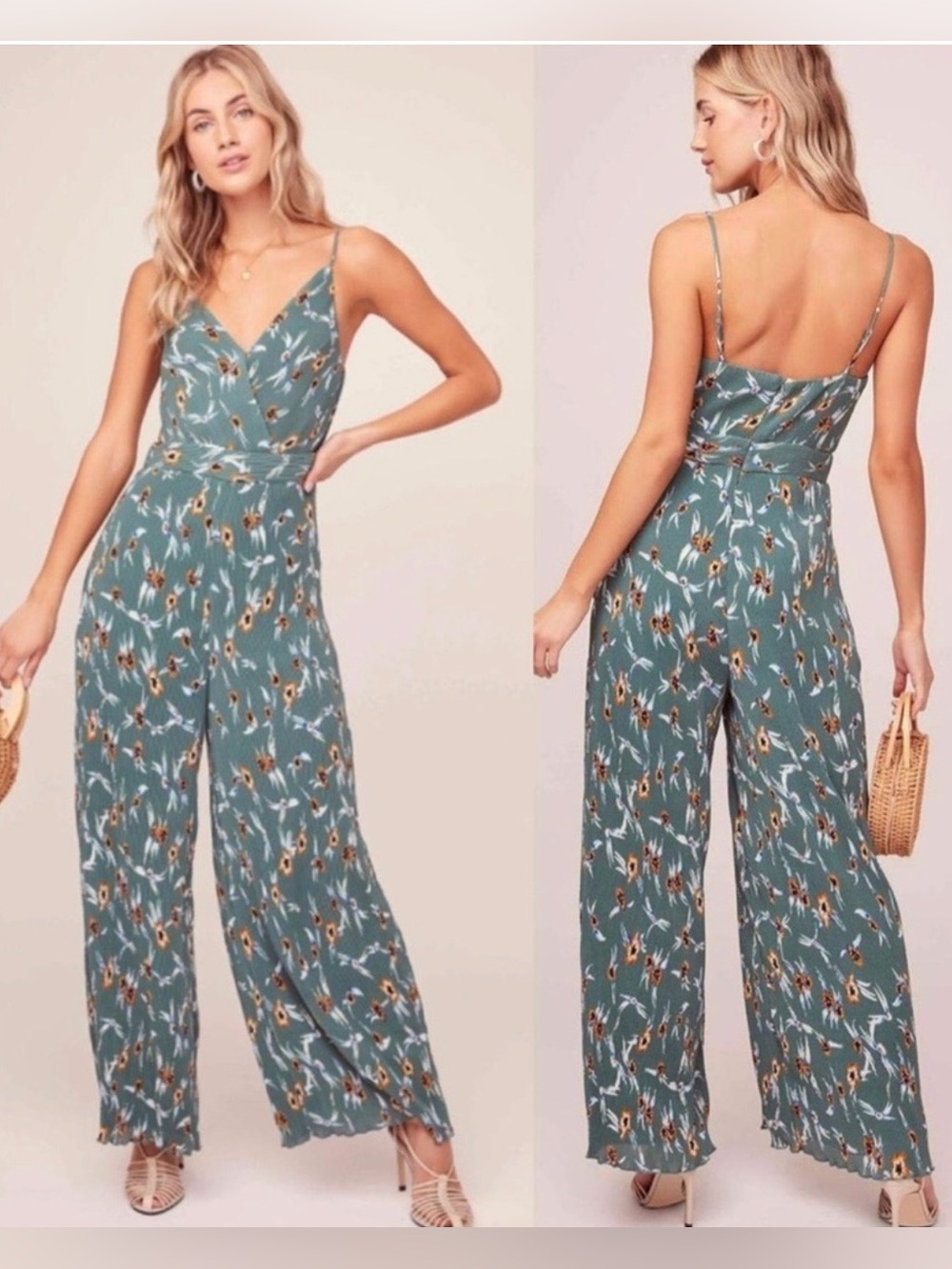 Astr Sage Green Floral Wrap Wide-Leg Jumpsuit
